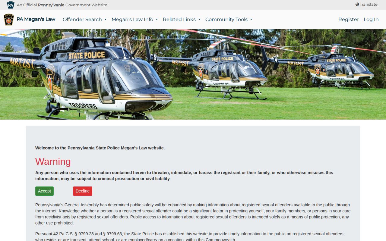 Pennsylvania State Police Greene County registry photo search channel for a released person