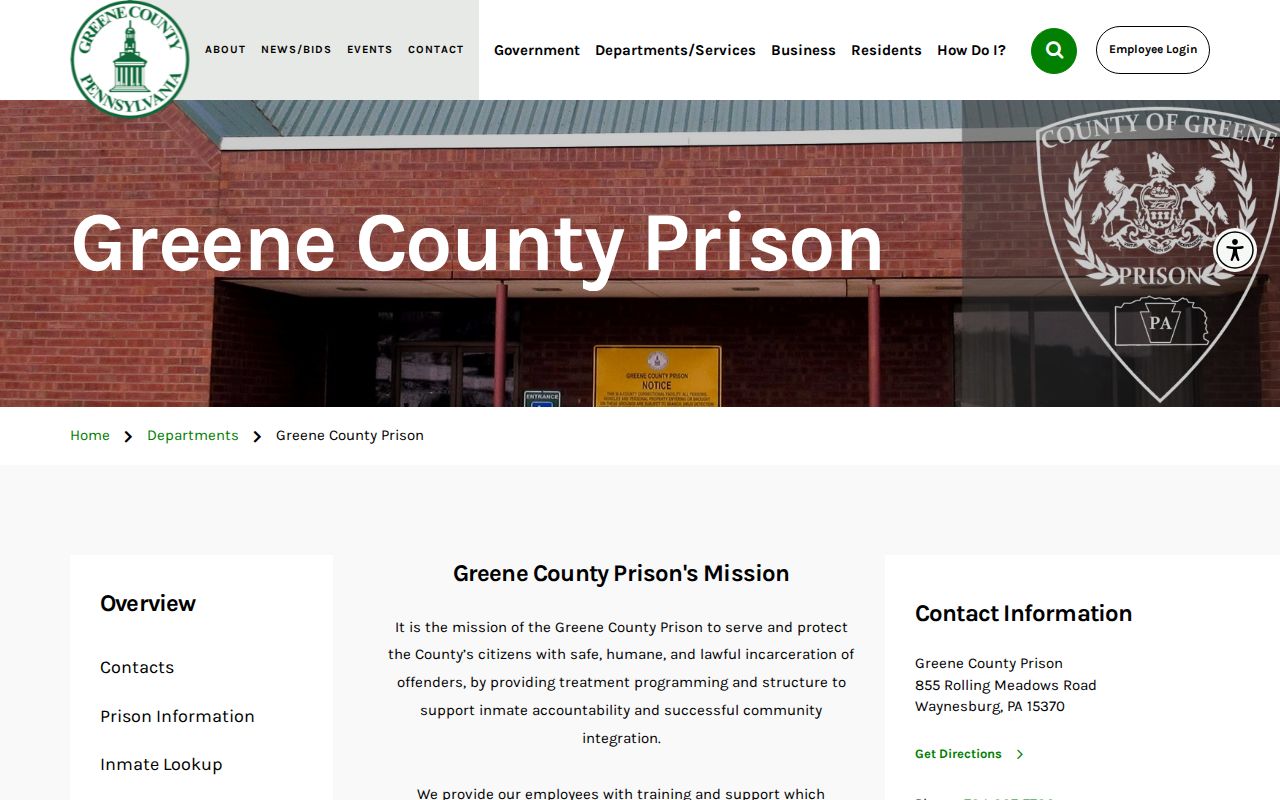 Greene County Prison official department page with contact and lookup controls